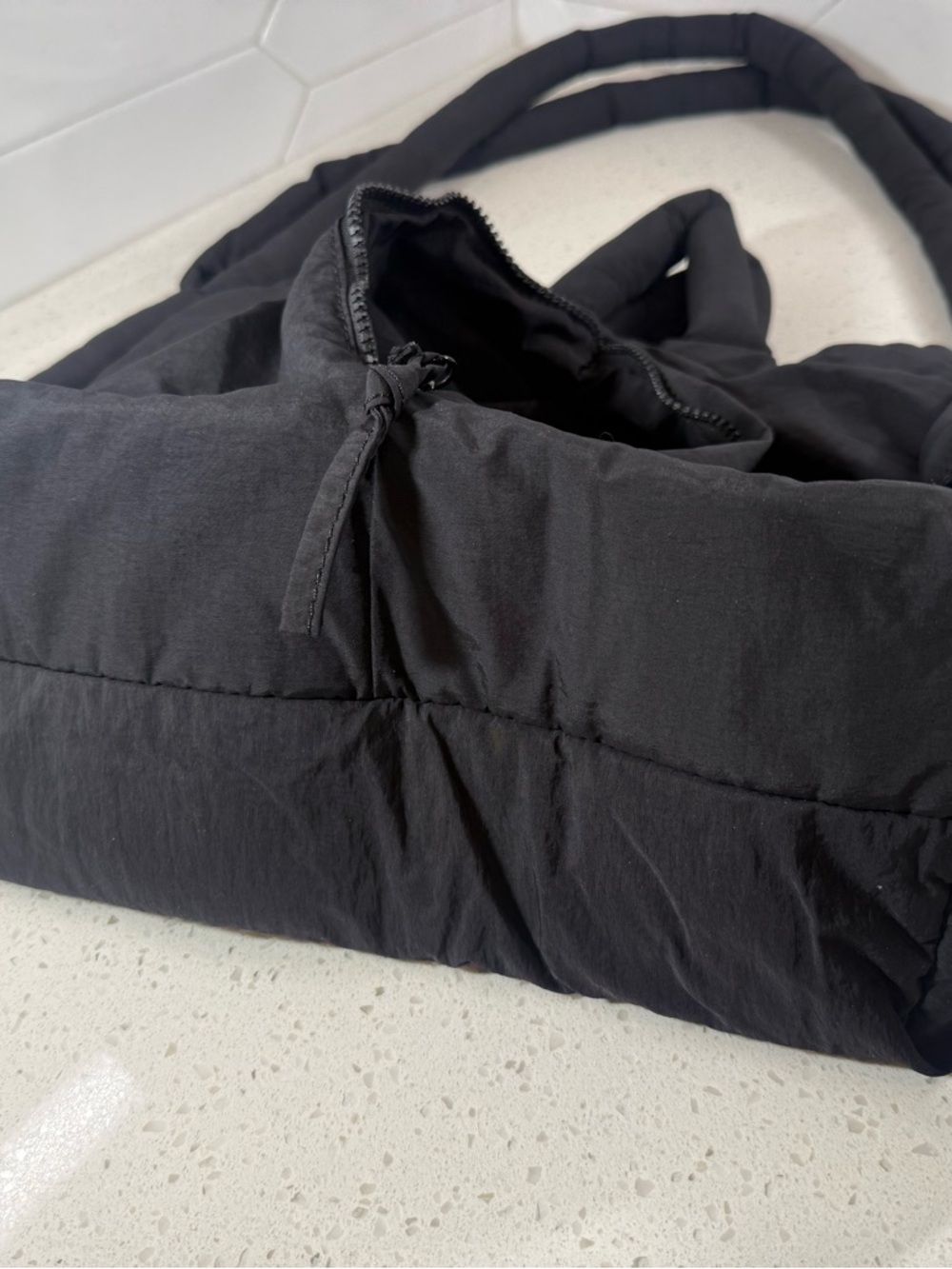 Black Puffer Tote Bag with Padded Handles - Picture 3 of 9